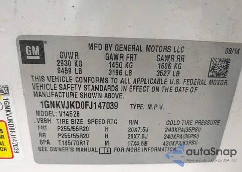 2015 Chevrolet Traverse Ltz z USA, uszkodzony, nr VIN 1GNKVJKD0FJ147039